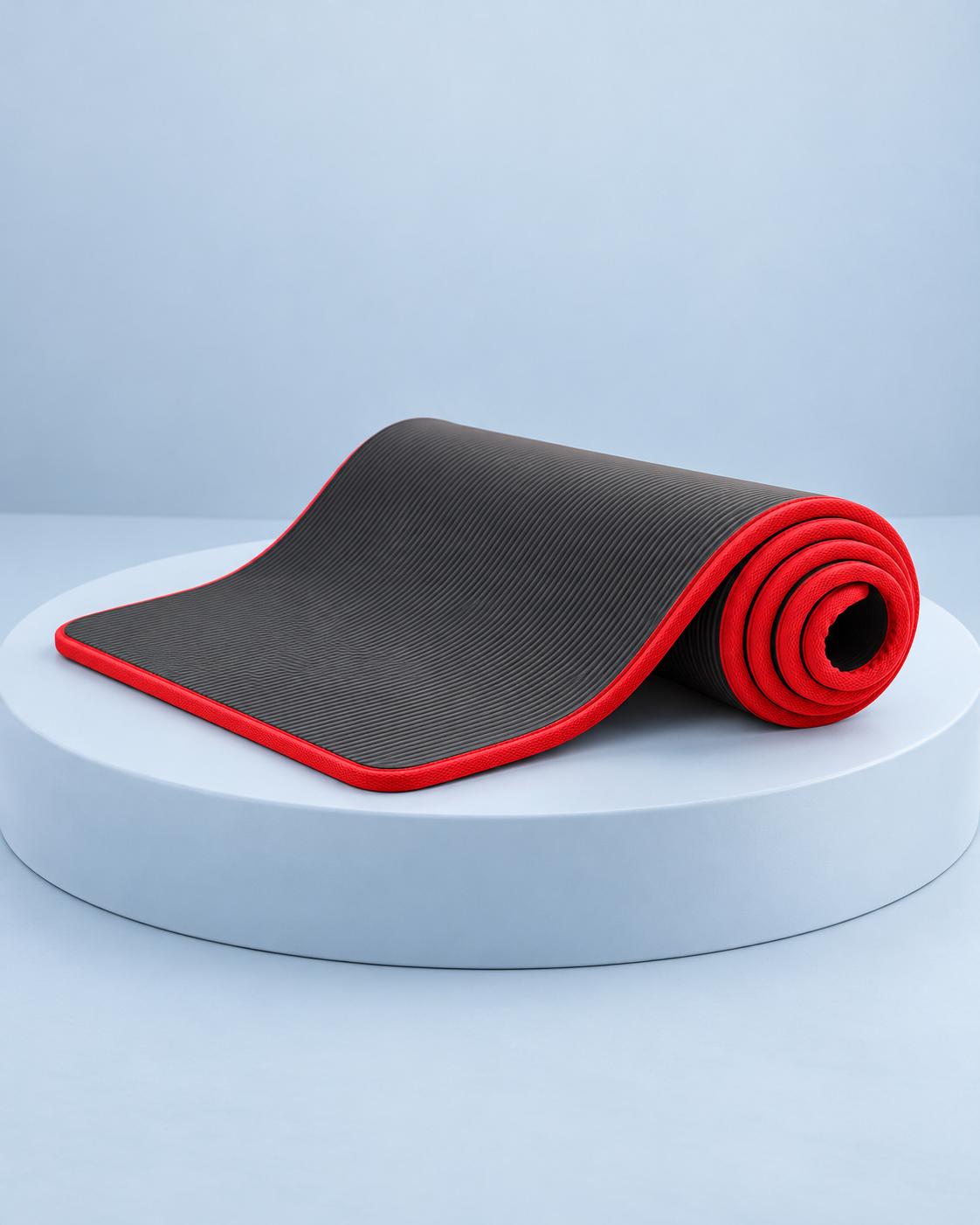 Tapis Pilates noir à bord rouge épais 10 mm — vue enroulée